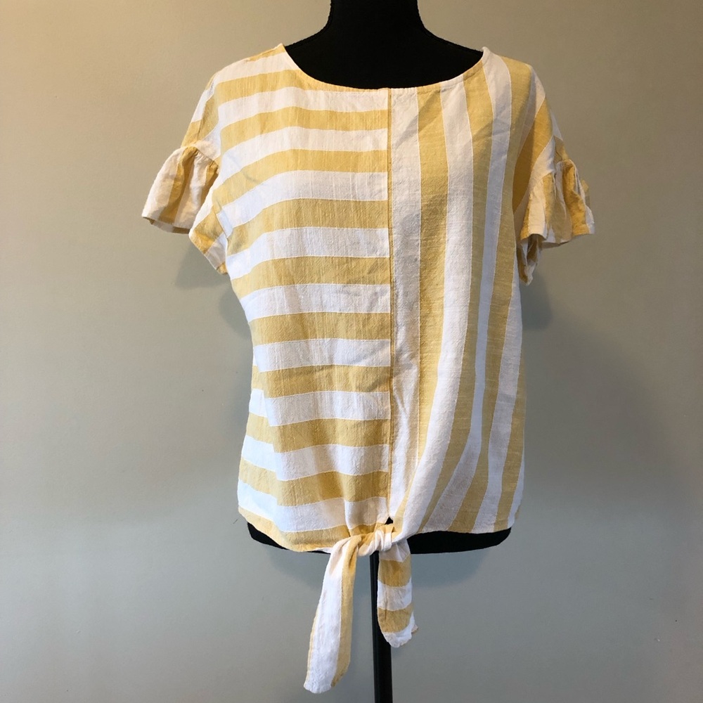 Women’s Tribal Jeans Striped Yellow and White Linen blend Tie Front Top size M